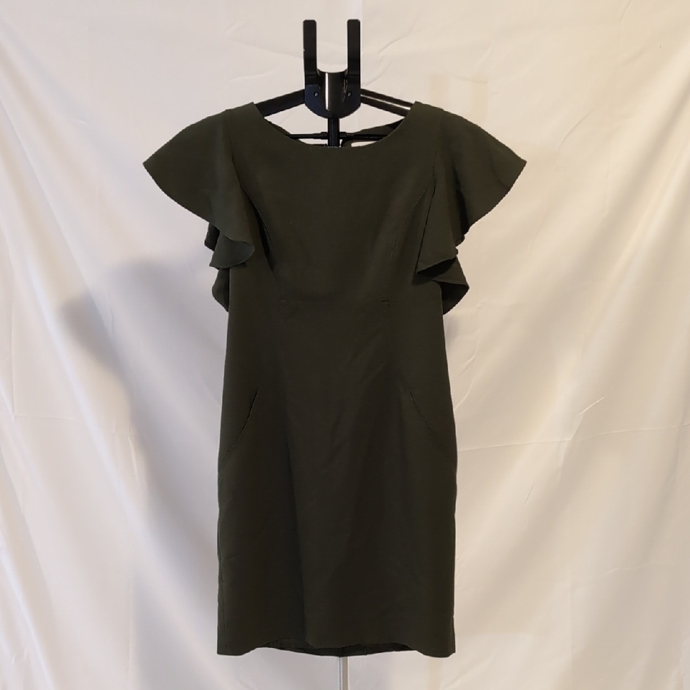 Calvin Klein Olive Midi Sheath Dress with Flutter Sleeves